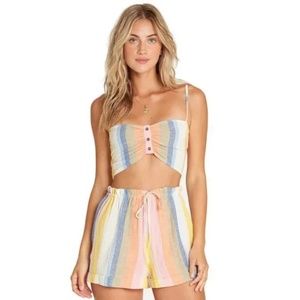 BILLABONG LETS GO CROP TOP DOUBLE RAINBOW STRIPED SHORTS SET SIZE S